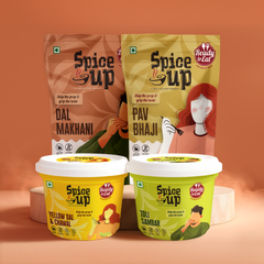 Spice 'N Up food products with packaging on an orange background