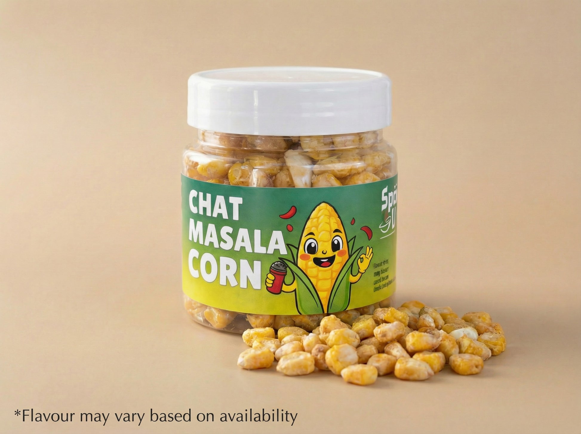 Jar of Chat Masala Corn with a cartoon character on a beige background
