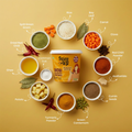 Spice Up Kichadi spice mix with ingredients on a yellow background