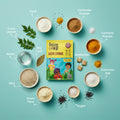 Spice mix package with ingredients on a teal background