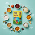 Spice mix package with ingredients on a light blue background
