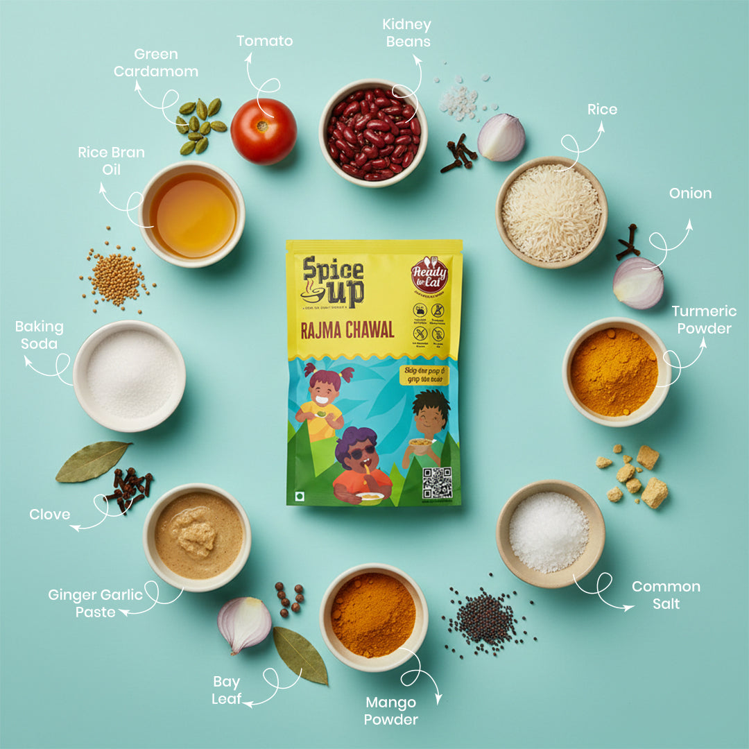 Spice mix package with ingredients on a light blue background