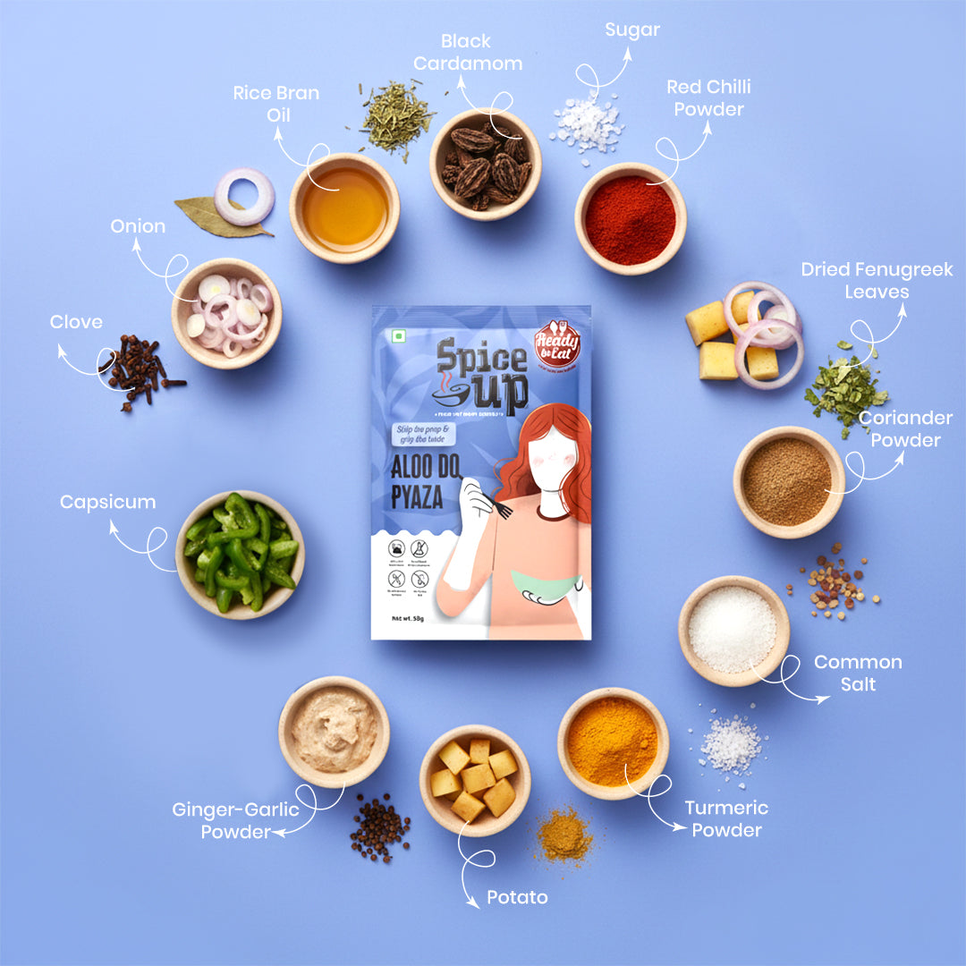 Spice Up packaging with ingredients on a blue background