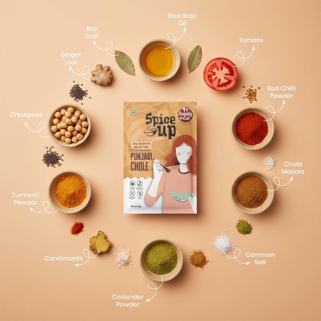 Spice up Punjabi Chole packaging with ingredients on a beige background