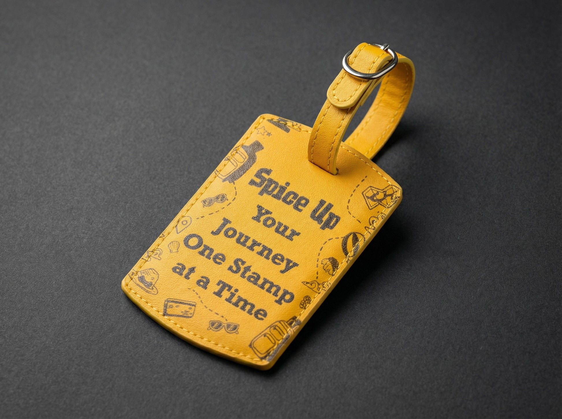 Yellow luggage tag with text and graphics on a dark gray background