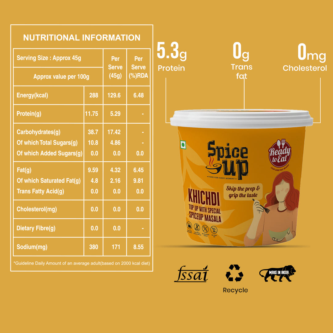 Spice Up Khichdi container with nutritional information on a yellow background