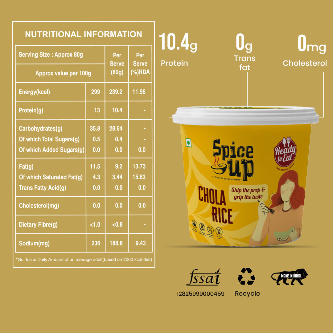 Spice It Up Chola Rice container with nutritional information on a yellow background