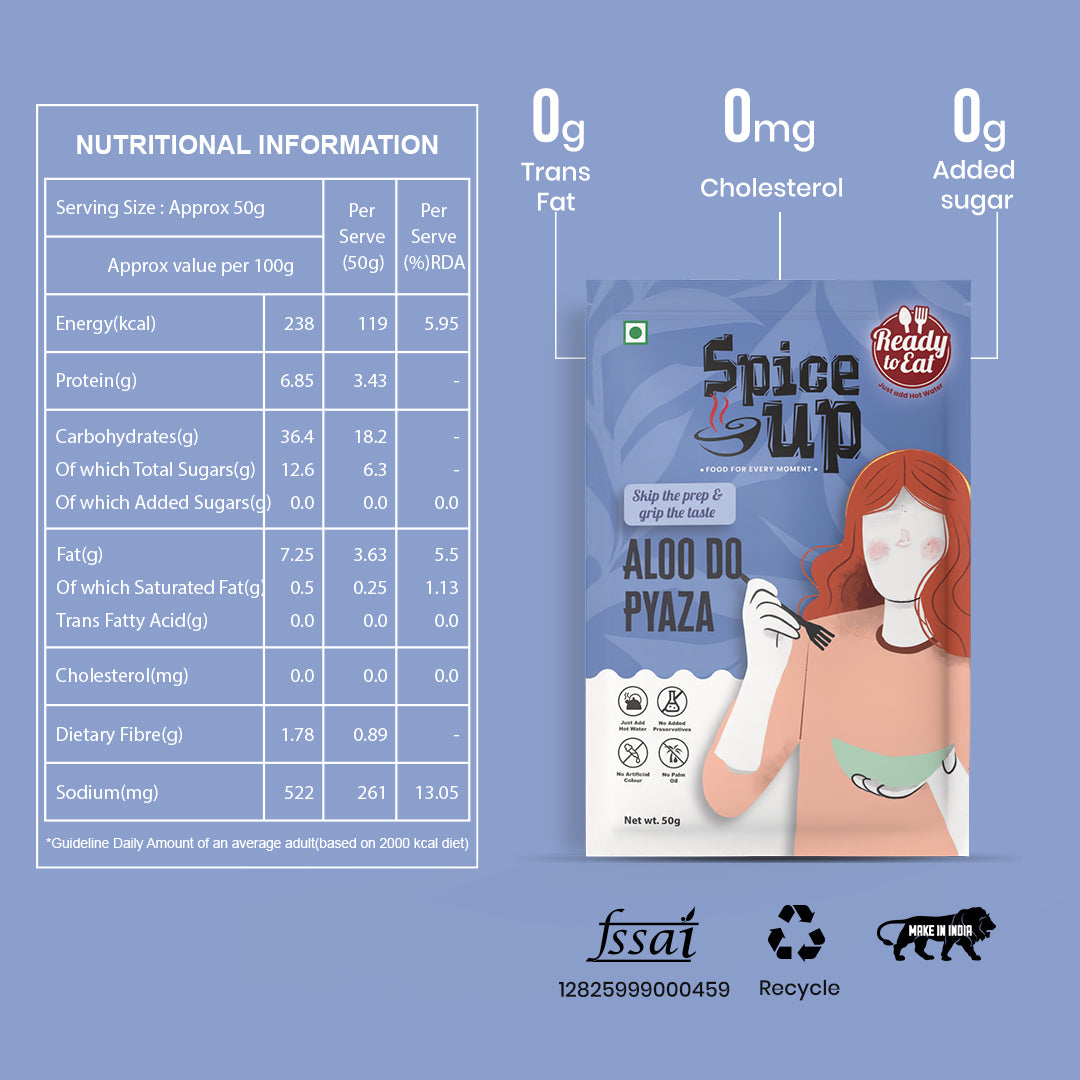 Spice it up packaging with nutritional information on a blue background