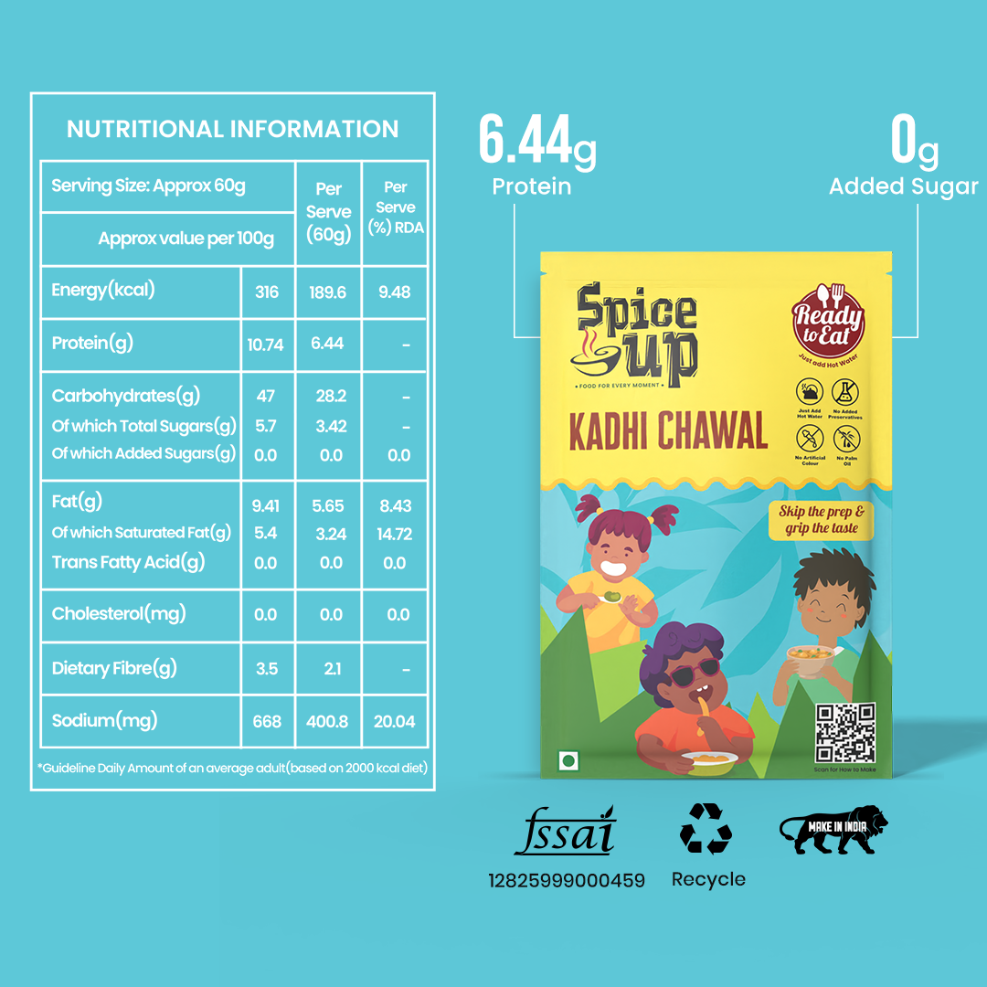 Spice up Kadhi Chawal packaging with nutritional information on a blue background