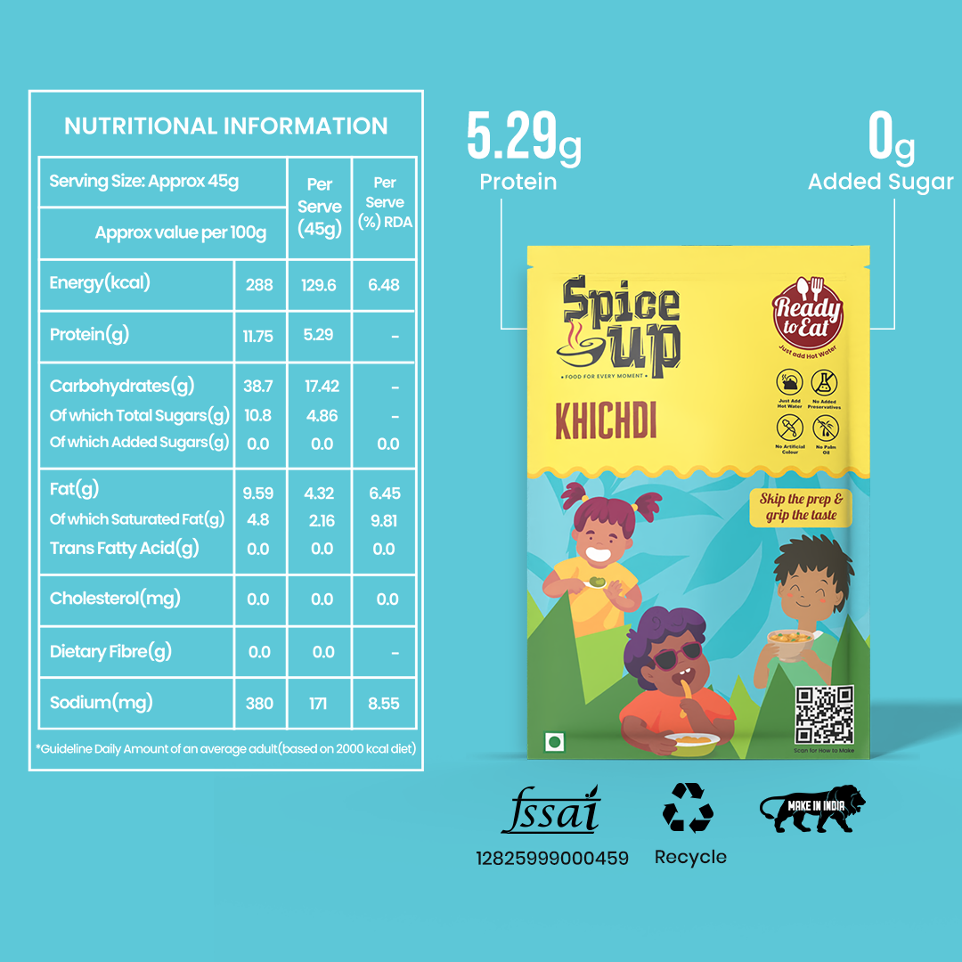 Spice Up Khichdi packaging with nutritional information on a blue background
