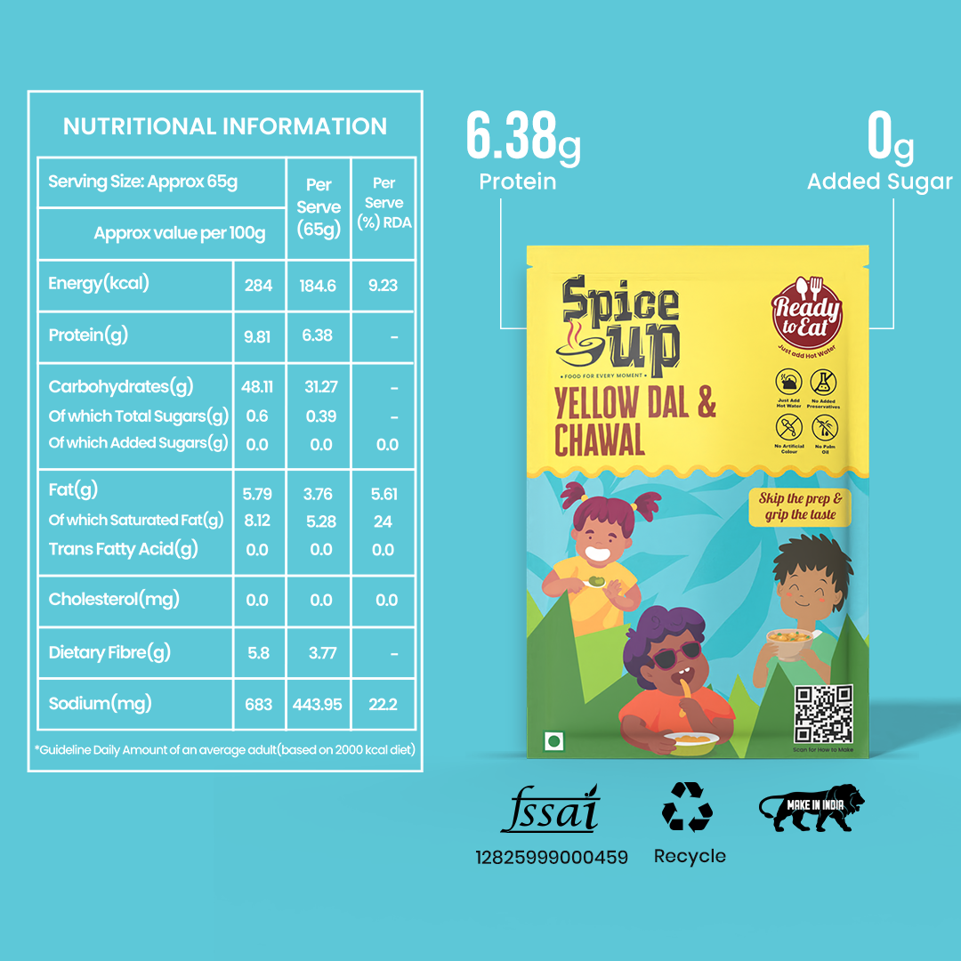 Spice Up Yellow Dal & Chawal packaging with nutritional information on a blue background