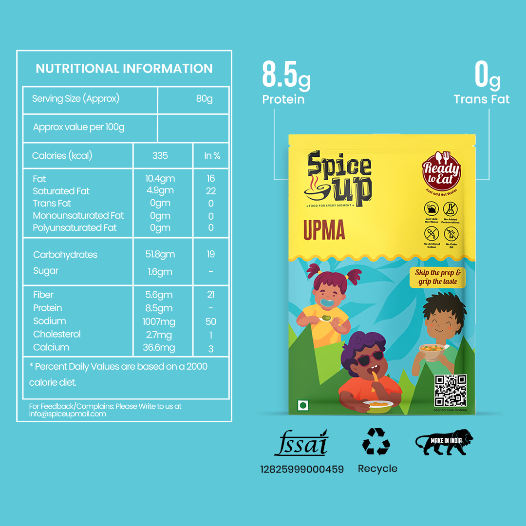 Spice up UPMA packaging with nutritional information on a blue background