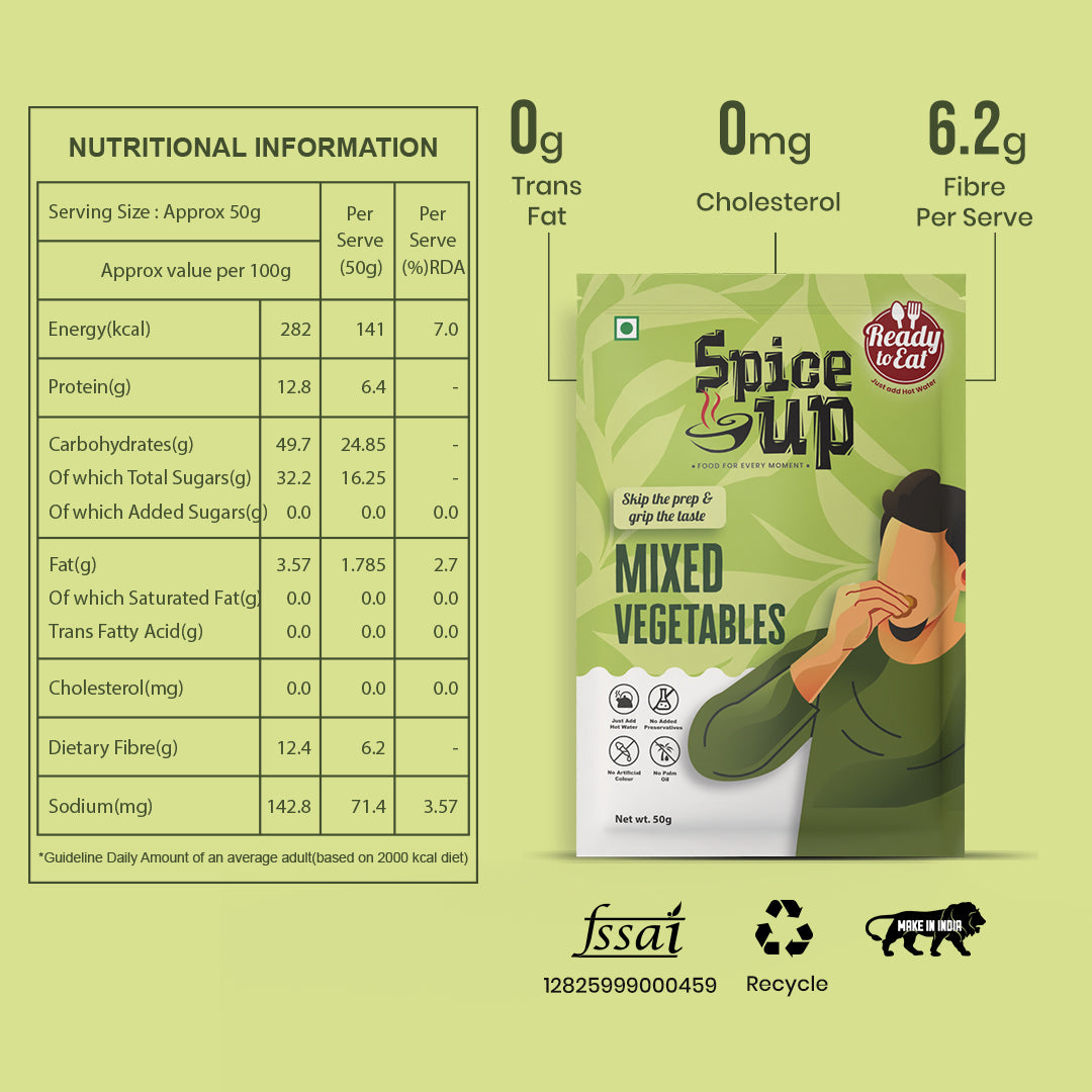 Spice Up Mixed Vegetables packaging with nutritional information on a green background