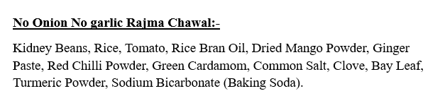 List of ingredients for a dish called 'No Onion No garlic Rajma Chawal' on a white background.