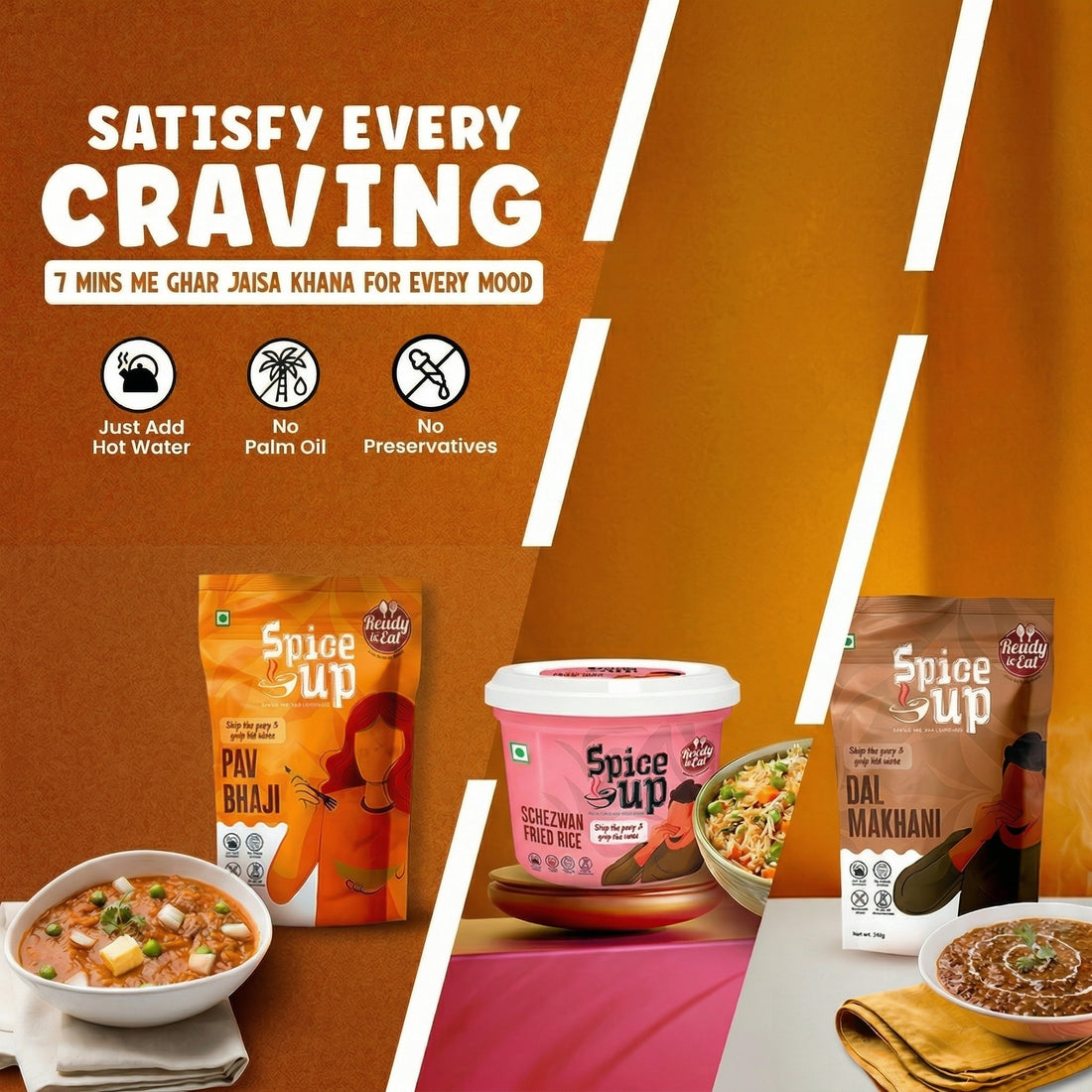 Spice up products with bowls of food on a brown background