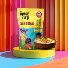 Spice up Kadhi Chawal packaging with a bowl of food on a colorful striped background