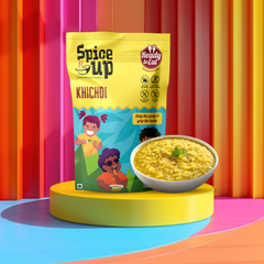Spice Up Khichdi packaging with a bowl of khichdi on a colorful striped background