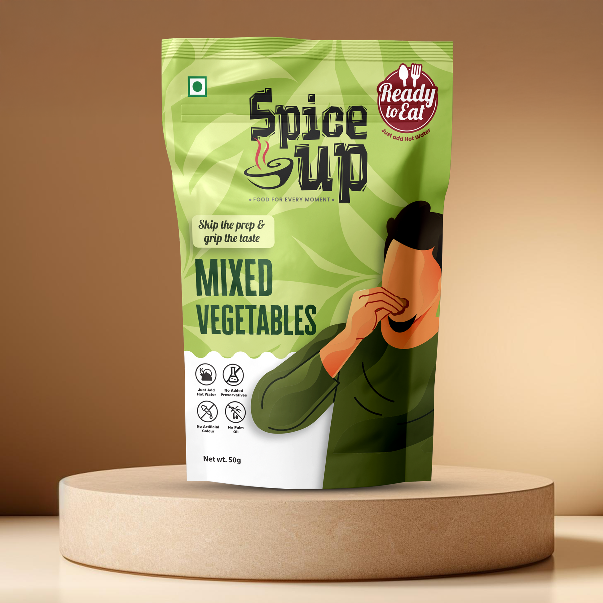 Spice mix package labeled 'Spice up' on a beige background