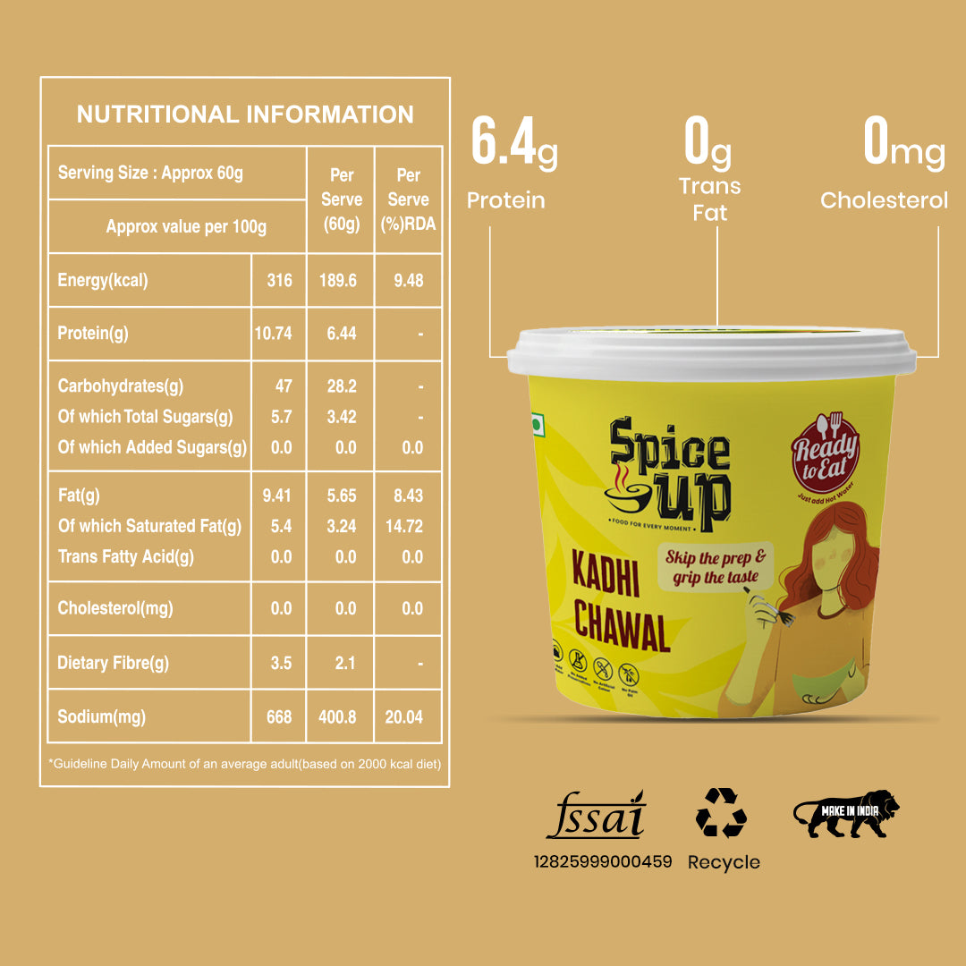 Spice Up Kadhi Chawal container with nutritional information on a beige background