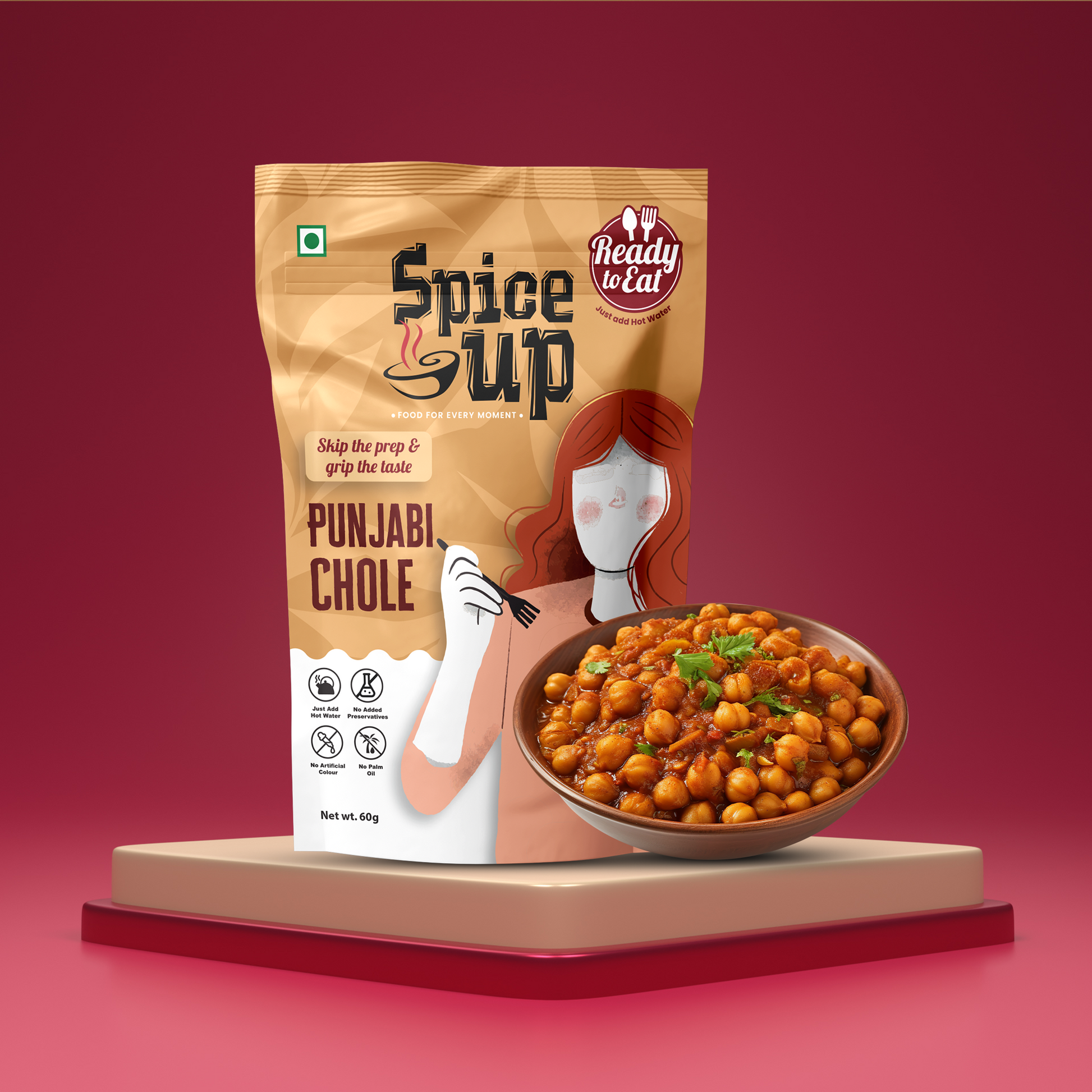 Spice mix package labeled 'Punjabi Chole' with a bowl of chole on a red background