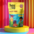 Spice up Rajma Chawal packaging on a colorful striped background