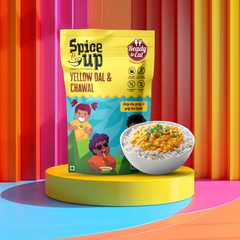 Spice up Yellow Dal & Chawal package with a bowl of food on a colorful striped background